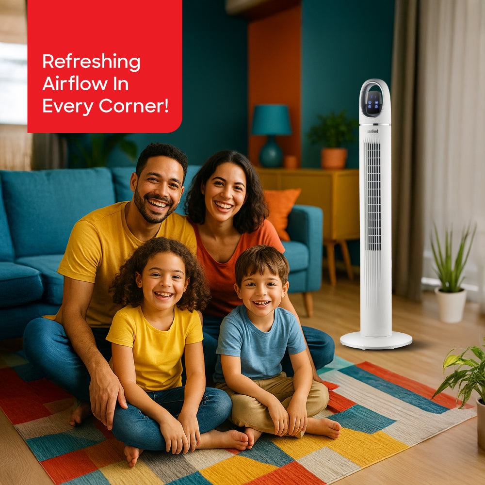 Sanford 45-Inch Tower Fan | Slim Design | 50W Power | LED Touch Display | 3 Speeds | 24H Timer | Remote Control | Wide Oscillation | Detachable Base | Quiet Operation
