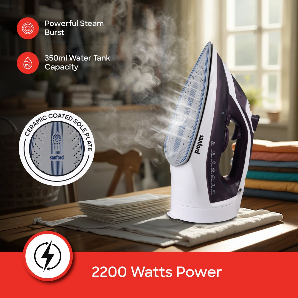 Sanford Cordless Steam Iron Box | 2200W | 360° Easy Dock | Ceramic Soleplate | 350ml Tank | 5 Steam Modes