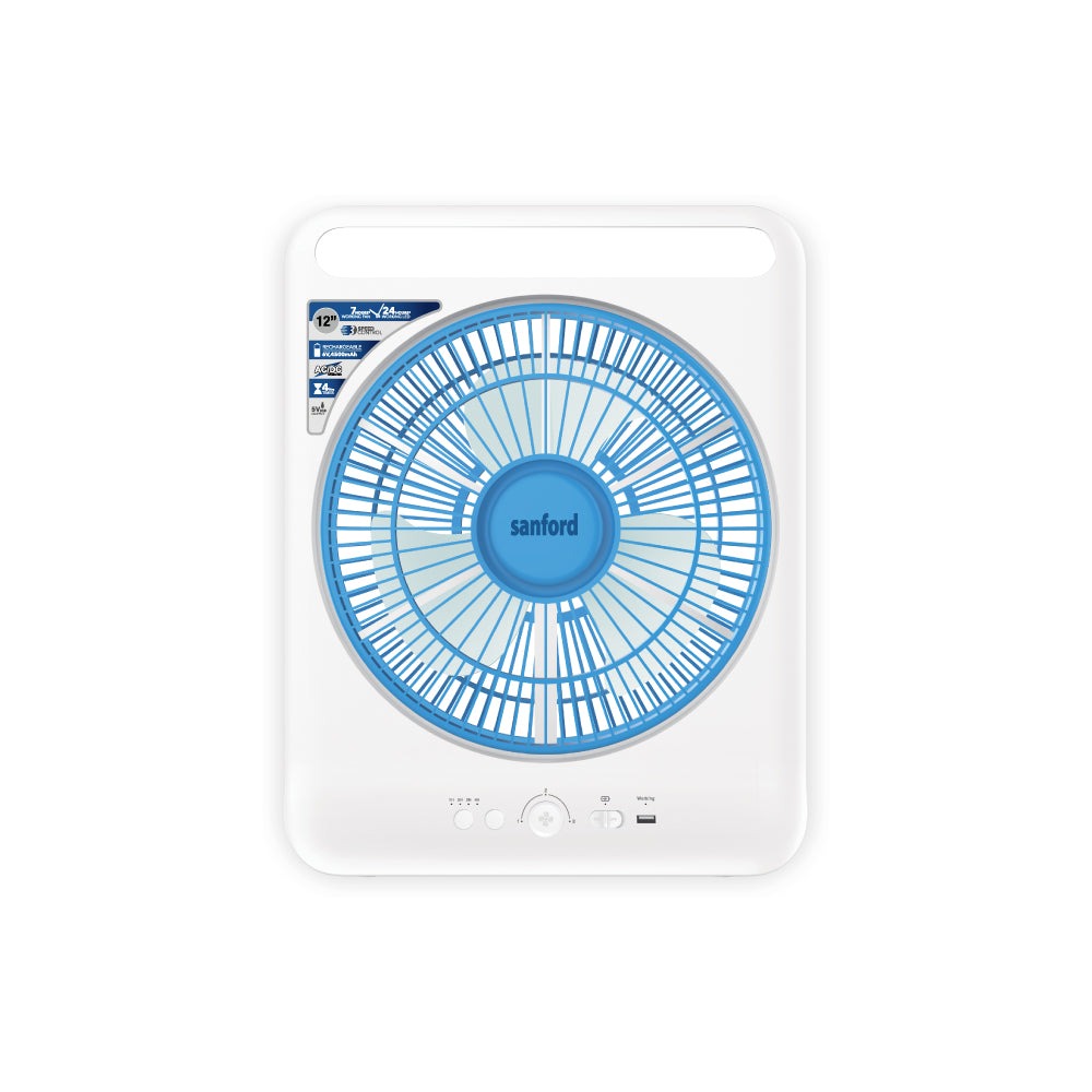 Sanford 12” Rechargeable Box Fan with LED Light and 4500mAh Battery – 3-Speed AC/DC Fan with 24 LEDs and 4H Timer24 LED | Up to 24H Runtime