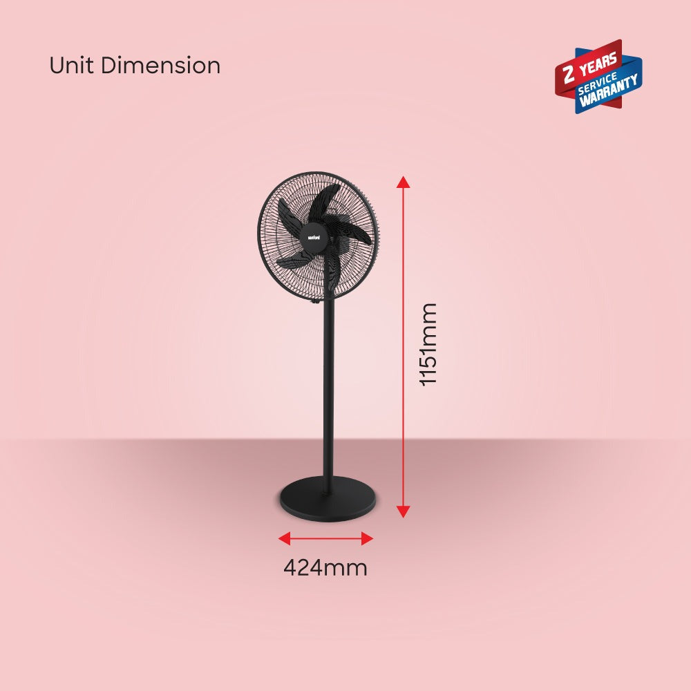 Sanford 16” Rechargeable Stand Fan – 5-in-1 Multi-Functional Tower Fan with LED Light, 5 Speeds, 45H Runtime, USB Charging & Oscillation | AC/DC Use