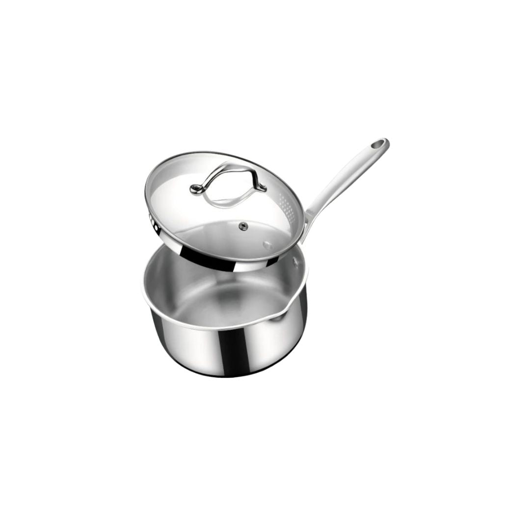 Stahl Artisan Triply Stainless Steel Saucepan with Dual Strainer Glass Lid | Easy Pour | Gas & Induction Friendly (16cm/1.5L)