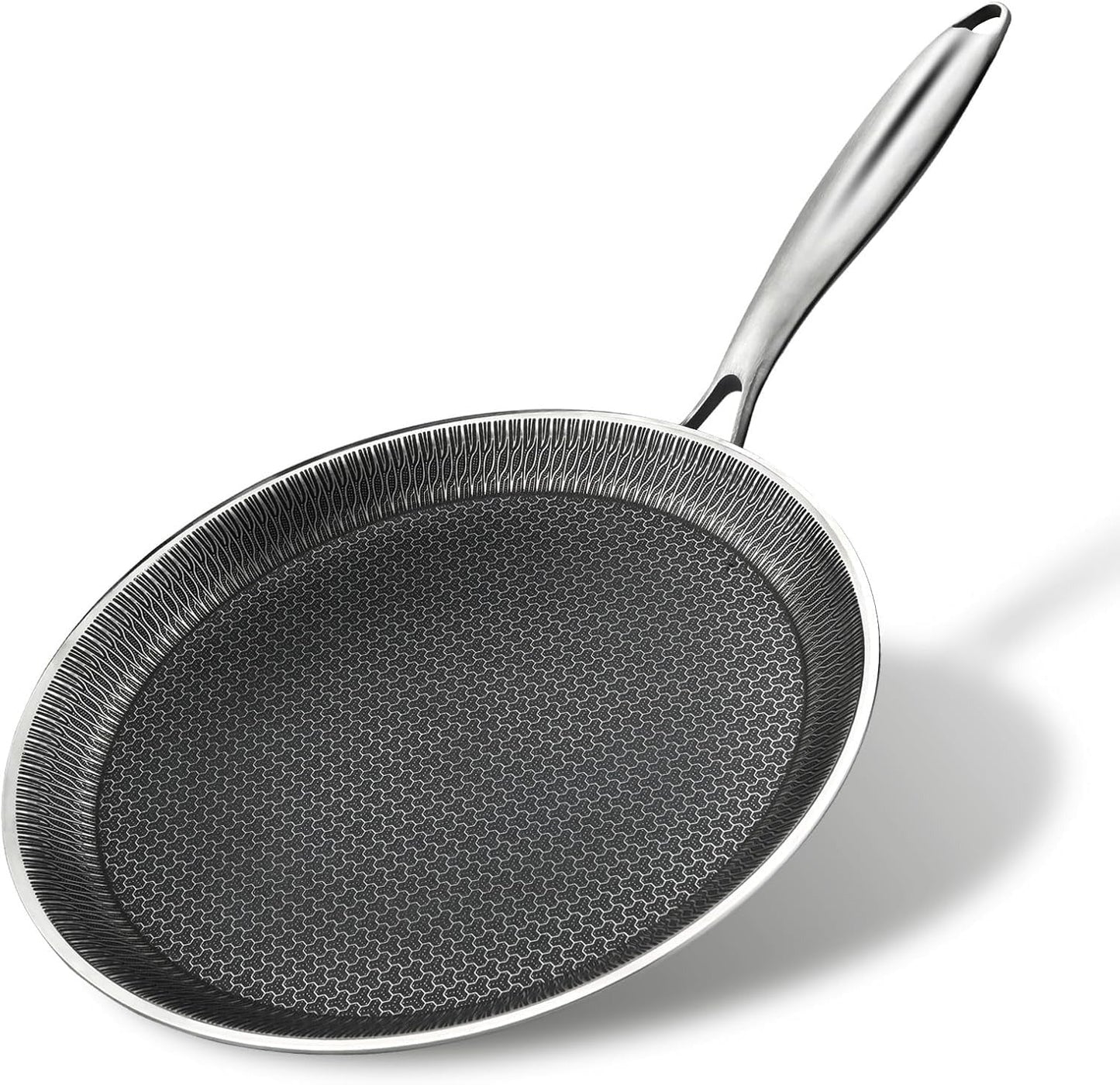 Uakeen 28cm Non-Stick Frying Pan Stainless Steel Flat Skillet with Honeycomb Coating Induction Compatible Chapati, Pizza & Omelette Pan