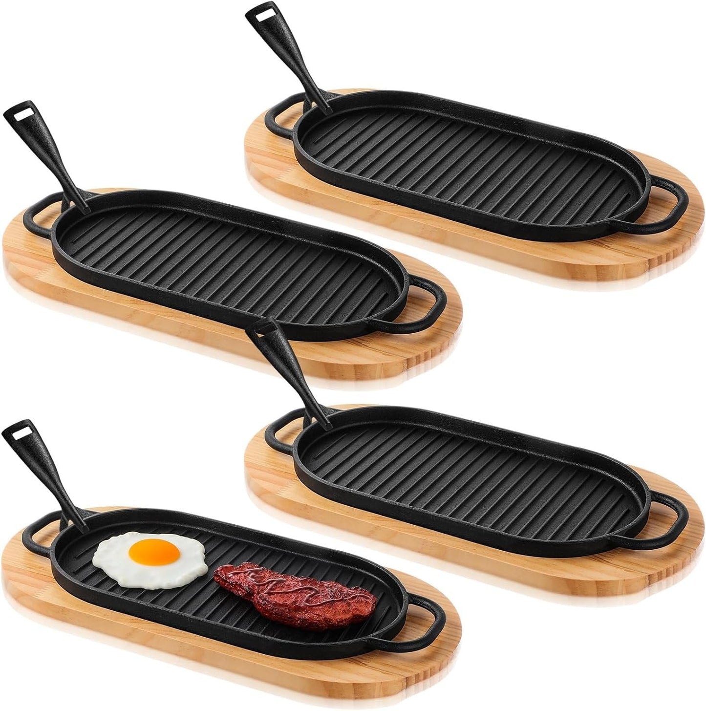 Cast Iron Sizzling Plate Fajita Skillet Bbq & Steak Pan – Wooden Base 29x17cm