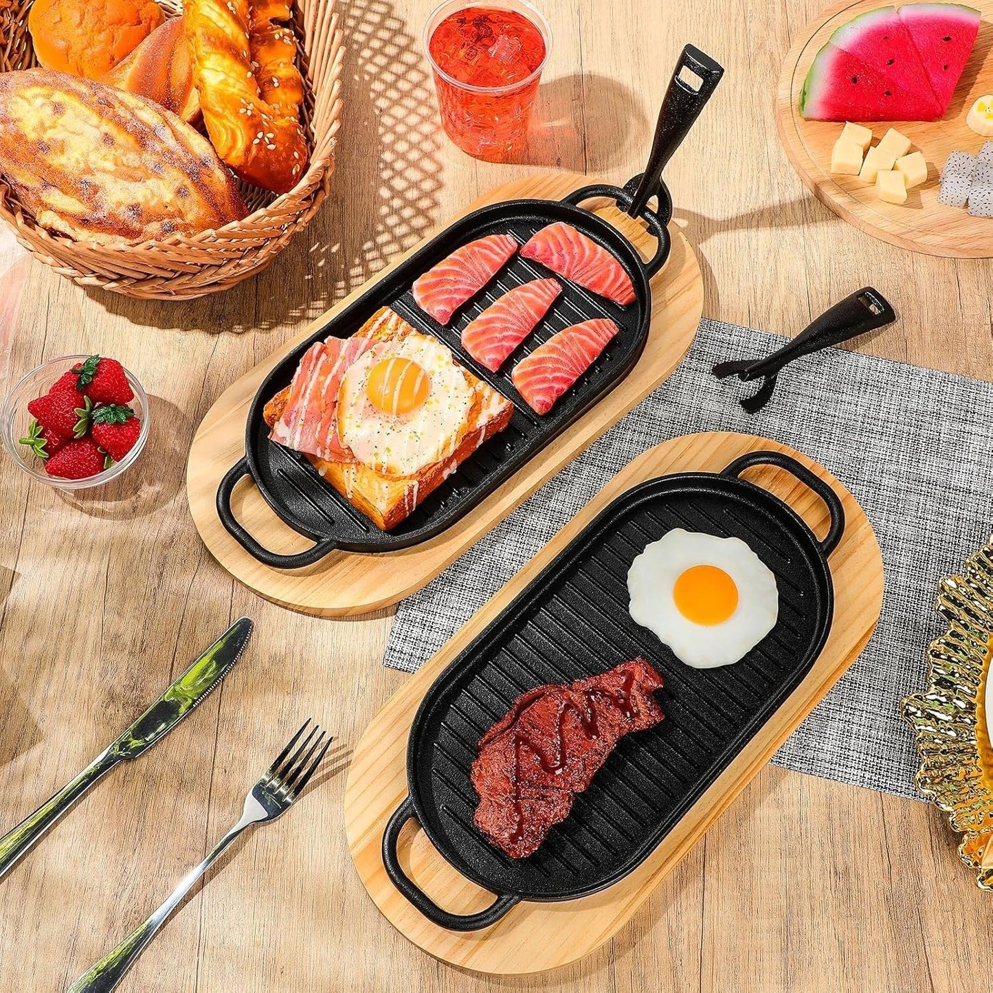 Cast Iron Sizzling Plate Fajita Skillet Bbq & Steak Pan – Wooden Base 29x17cm