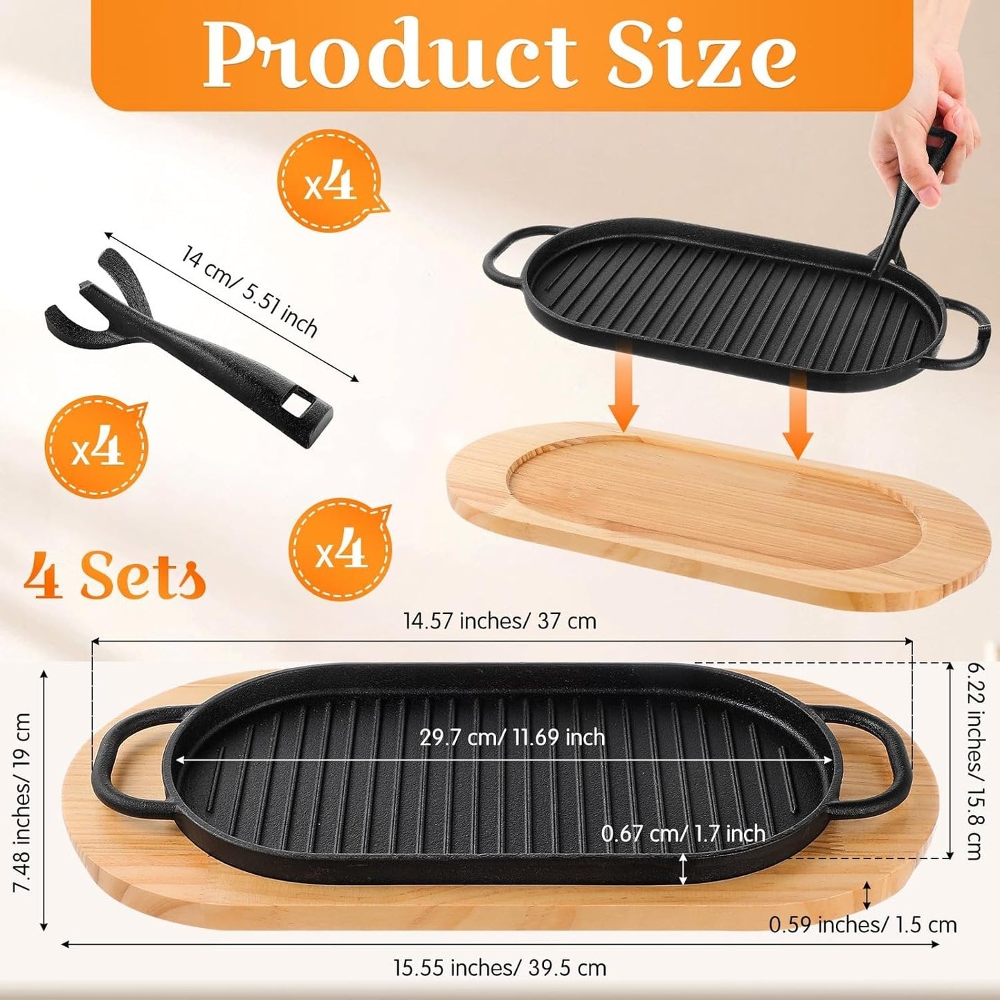 Cast Iron Sizzling Plate Fajita Skillet Bbq & Steak Pan – Wooden Base 29x17cm