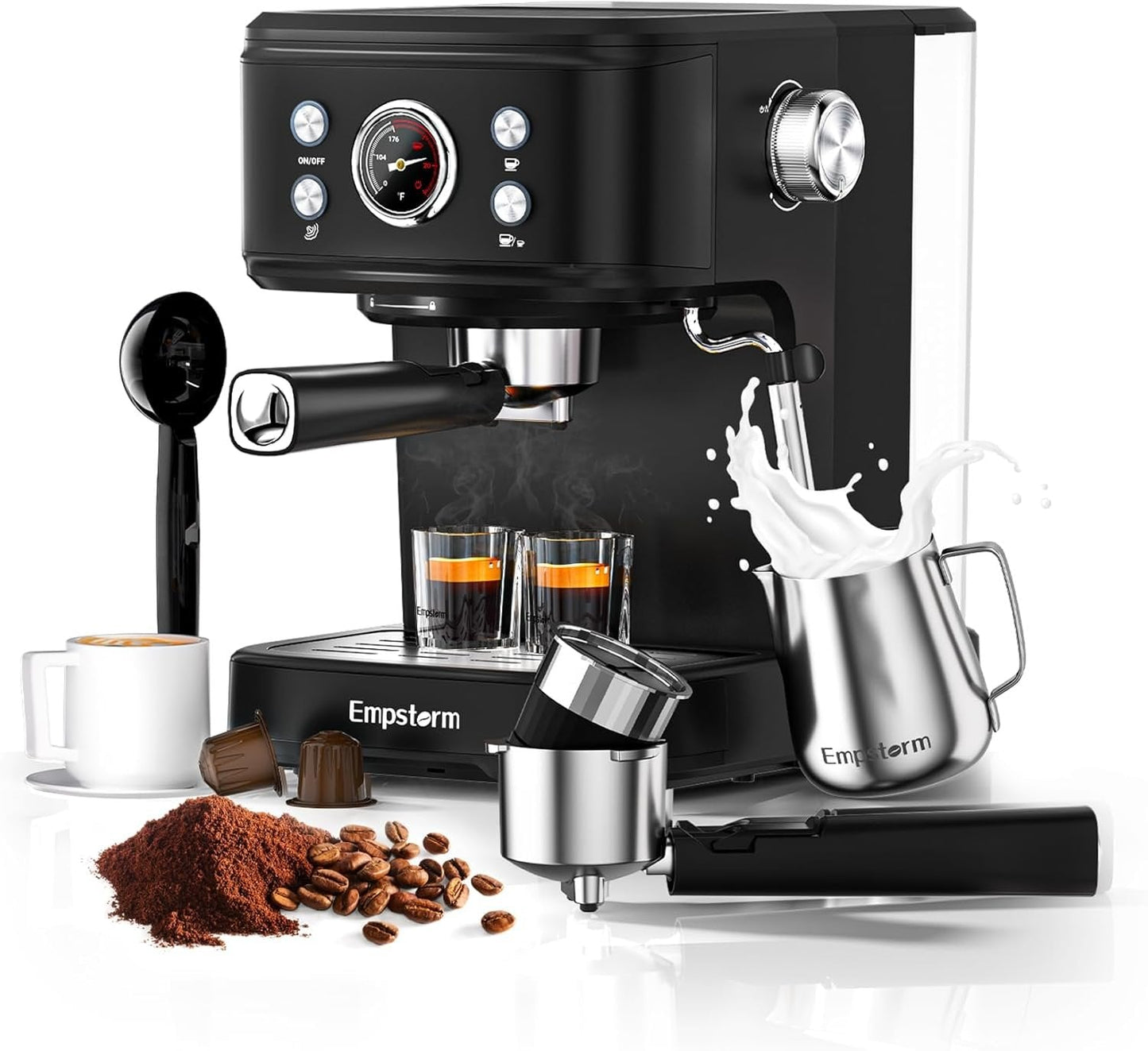 Empstorm® Espresso Machine 20 Bar EM-04E | Semi-Automatic Coffee Maker with Milk Frother