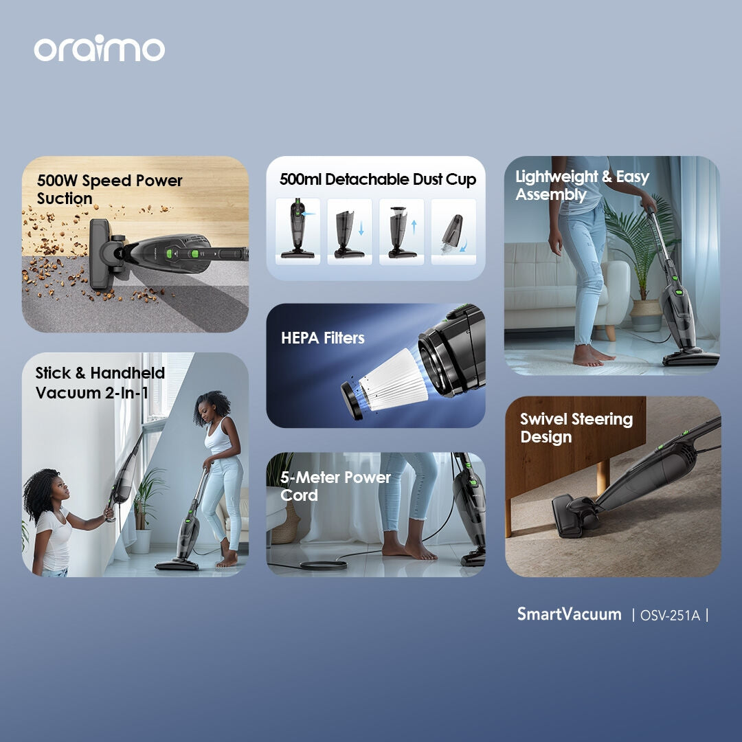 Oraimo Smart Vacuum Corded Vacuum Cleaner With 5m Cord 500w High Speed Powerful Suction