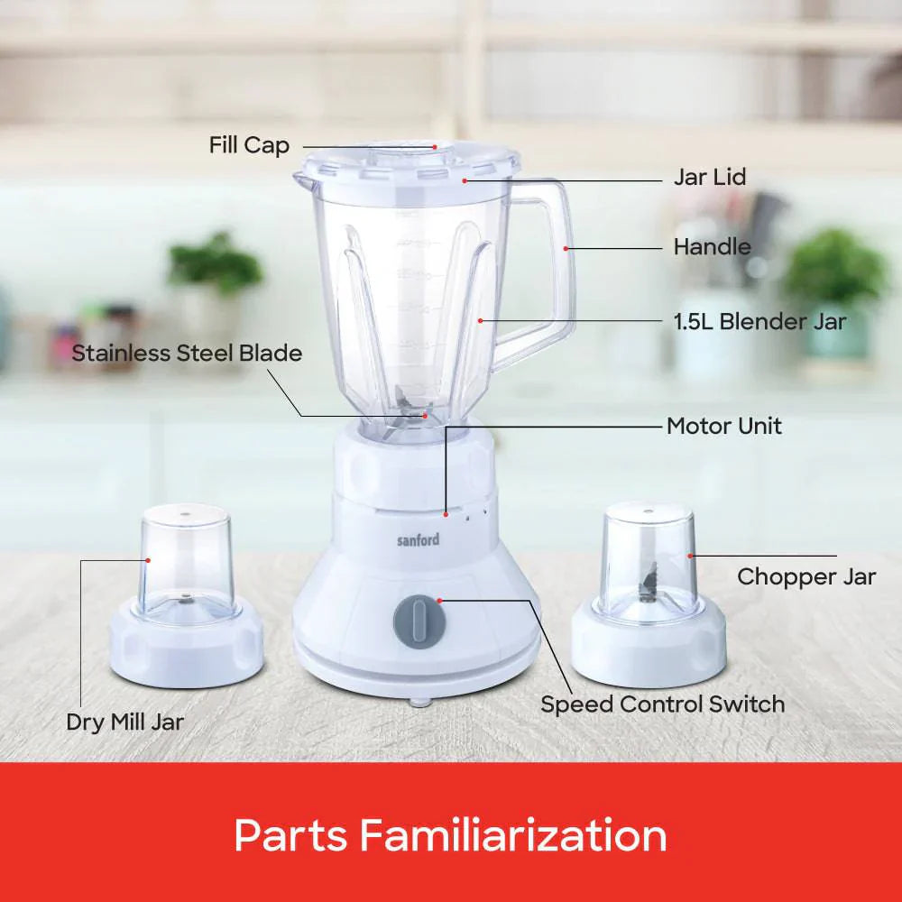 Sanford 800W 3-in-1 Hand Blender & Mixer | Turbo Speed | Stainless Steel Blades | 1.5L Jar | 2-Speed Control