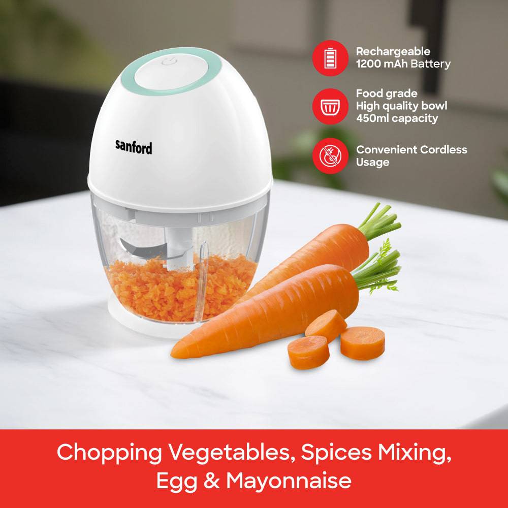Sanford Rechargeable Food Chopper | 450ml Bowl | Type-C Charging | SS304 Stainless Steel Blades | 1200mAh Battery