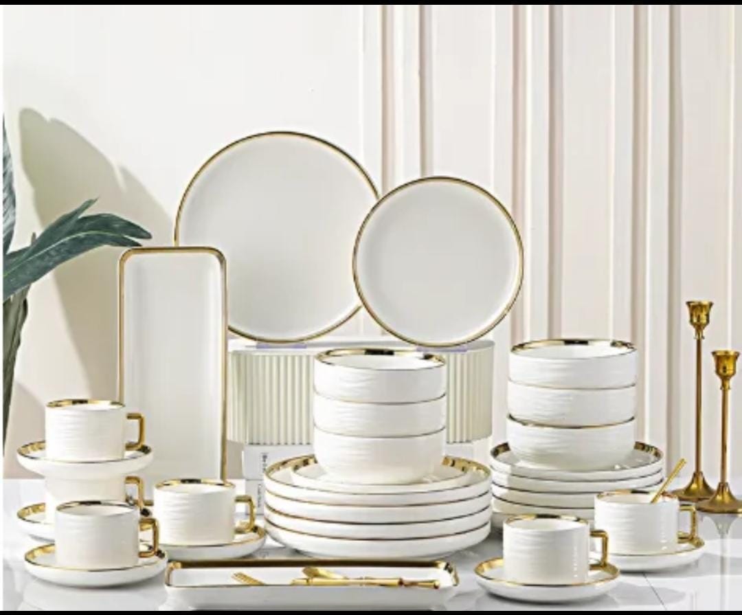 32 pcs edged striped gold ceramic dinner set