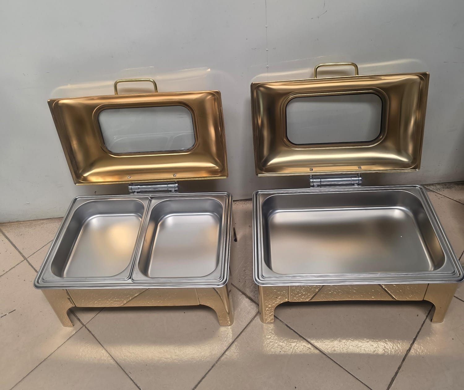 Gold roll top chaffing dishes