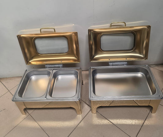 Gold roll top chaffing dishes