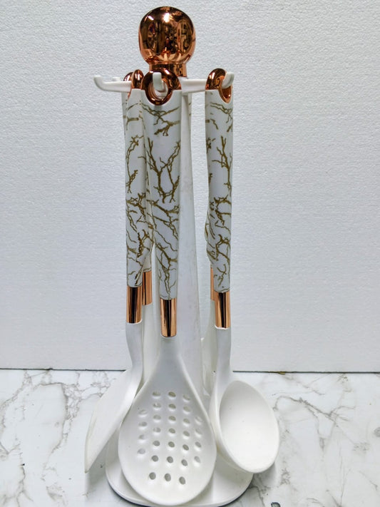 6 cream white and gold set spoon and a holder