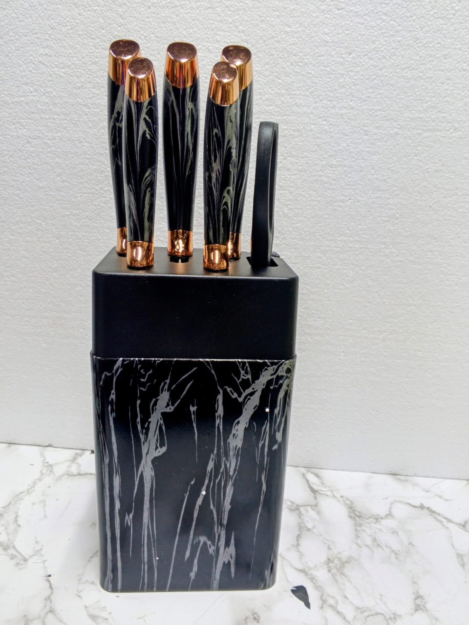 6 set marble black and gold knife set and a holder