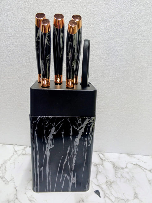 6 set marble black and gold knife set and a holder