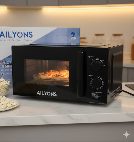 AILYONS 20L Manual Microwave Oven – LMO-2001 – Sleek Black Finish