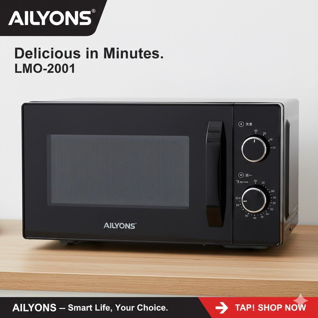 AILYONS 20L Manual Microwave Oven – LMO-2001 – Sleek Black Finish